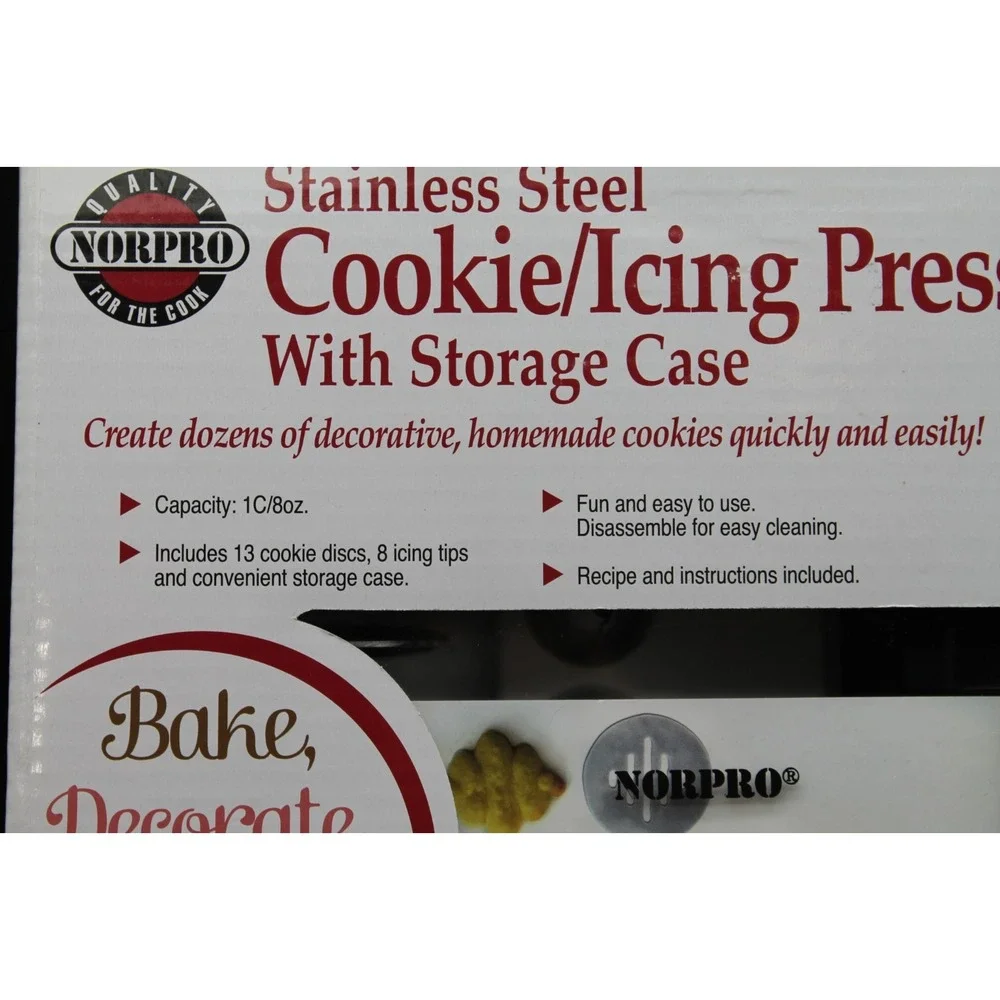 Norpro Stainless Steel Cookie Press & Icing Set Storage Case 13 Discs 8 Tips NIB